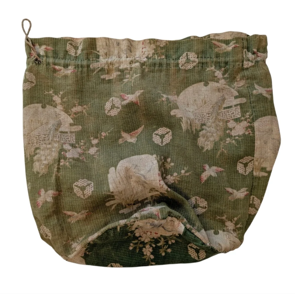 TRUE VINTAGE Drawstring Bag 1920 Green Floral Cotton Jewelry Pouch